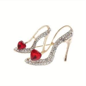 Brooch Gold Rhinestone Shoe with Red Heart Pin